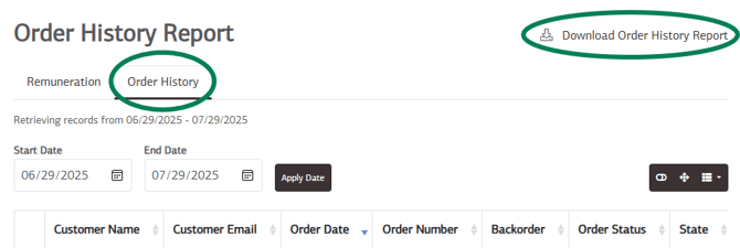 Order History Report Heading CIrcled